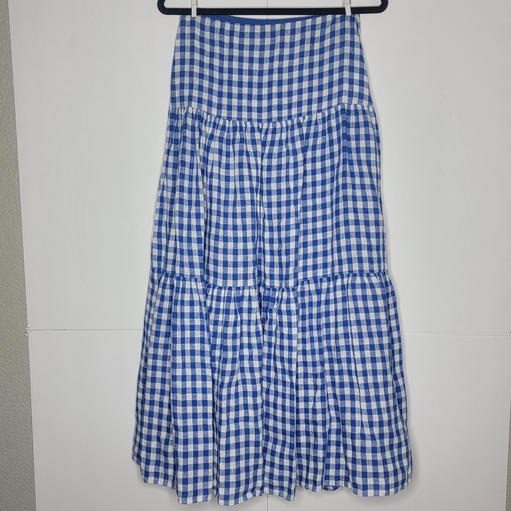 💙 Lauren Ralph Lauren Blue & White Gingham Tiered Linen Maxi Skirt | Size 2